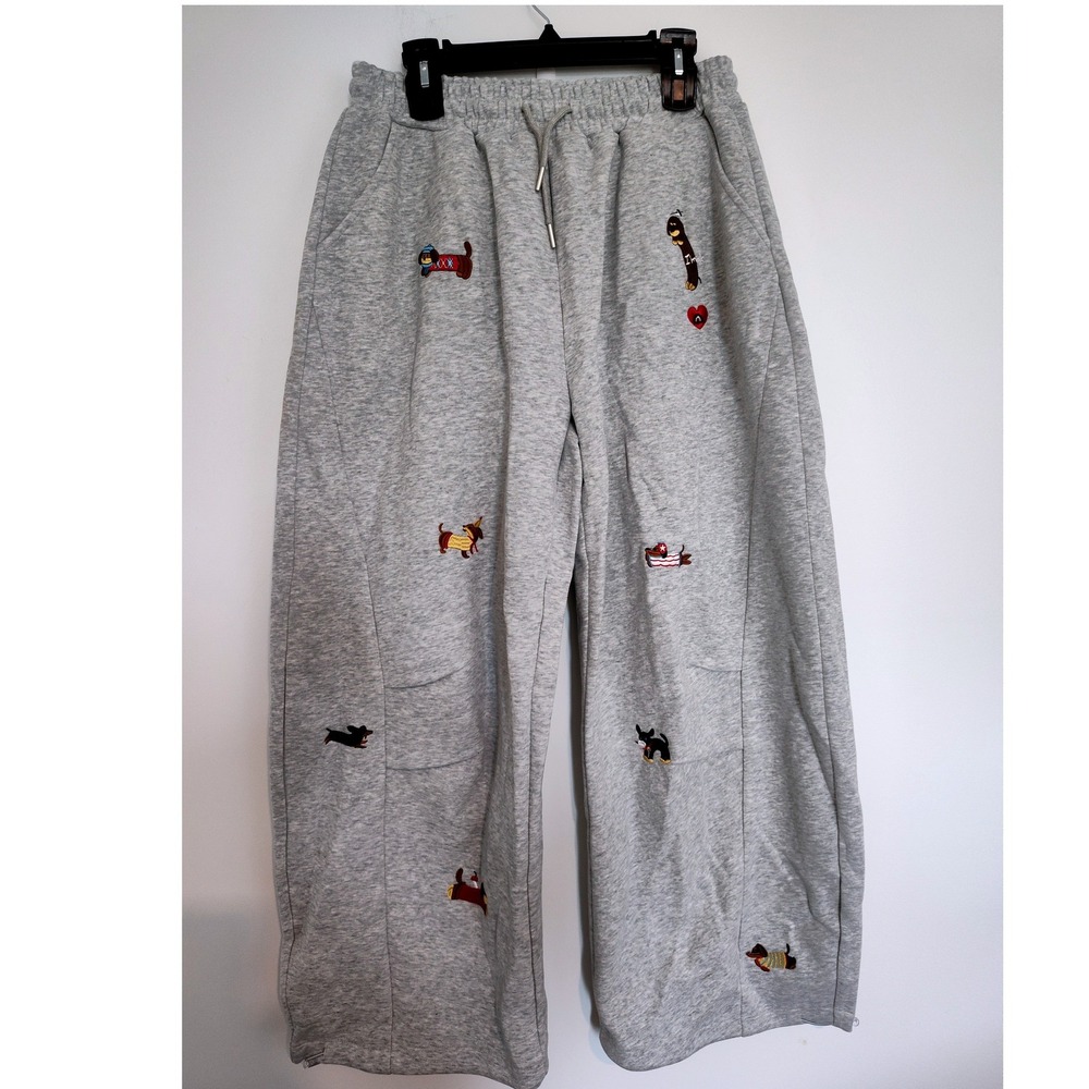 Aelfric Eden Embroidered Dachshund Wide Leg Sweatpants Gray XL NWT